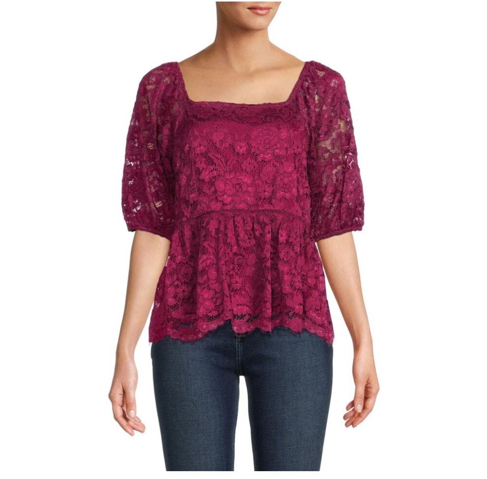 Nanette Lapore Raspberry Radiance Lace Short Sleeve Top Size Medium NWT